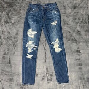 American Eagle Vintage Hi-Rise Distressed Slim Jeans Blue Medium Wash Size 0